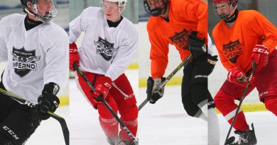 From left, Dan Carroll, Joe Carroll, Cameron Duhn and Jacob Duhn play a little four-on-four at the Beckwith Rec Complex near Carleton Place on Aug. 21. While the new junior C Inferno may not see any of these local products on the ice once the season starts, try-outs are coming soon, and the Inferno plays its first National Capital Junior Hockey League home game Oct. 6 at 8 p.m. For details, visit www.InfernoJuniorHockey.com. Photo by Nevil Hunt