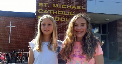 From left, St. Michael's Catholic School Grade 8 students Marley Brodersen and Eowyn Tomiczek are Space Cup inventors. Photo by Jake Davies