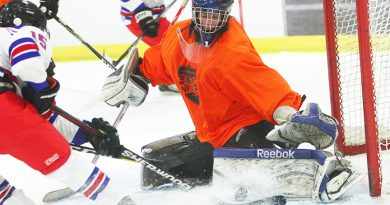 West Carleton Inferno goalie Alex Miotla turns aside a few ounces of rubber and a pound of snow during the team's third and final pre-season game on Sept. 18 in Stittsville. The new West Carleton Jr. C team plays its first home opener at W. Erskine Johnston Arena on Saturday, Oct. 6 at 8:15 p.m. versus the Metcalfe Jets. Photo by Nevil Hunt