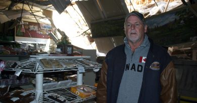 Mike Fines stands inside Dunrobin Meat and Grocery two days after the tornado roared through Dunrobin. Photo by Jake Davies