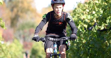 Carp's Noah Vanderzon, 12, races through the KIN Vineyard in Carp during Sunday's cyclocross race. Photo by Jake Davies