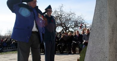 West Carleton's last surviving World War II veteran, Dr. Roly Armitage, salutes at the West Carleton War Memorial at last year's service. Photo by Jake Davies