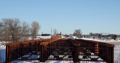 Reporter Jake Davies had to trudge through 1 km of knee deep snow (uphill both ways) to capture the steel girders of the new Old Hwy. 17 bridge over the Mississippi River. Photo by Jake Davies