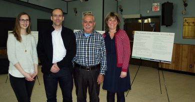 From left, engineer Kim Brrown, program manager Luc Marineau, Coun. Eli El-Chantiry and engineer Christine Shillinglaw survived Snowmageddon inside the Fitroy Harbour Community Centre. Photo by Jake Davies