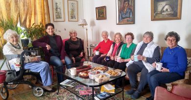 From left, WI members Juanita Snelgrove, Judi Varga-Toth, Joan Plouffe, Ruth Kennedy, Beth McEwen, Adele Muldoon, Pam Smith-Hlady and Caroline Young attend a Last Tea at the 150-year-old pale green home at the Dunrobin intersection. Courtesy Beth McEwen