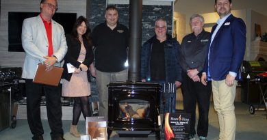 From left, Andy Cotnam, The Fireplace Centre, Michelle Wilson, Team Harding Comfort, Sean Holtom, Top Hat Home Comfort, Mike Pilon, Romantic Fireplaces, Clive Badcoe, Team Harding Comfort and Adam De Caire, Hearth, Patio & Barbecue Association of Canada. Photo by Jake Davies