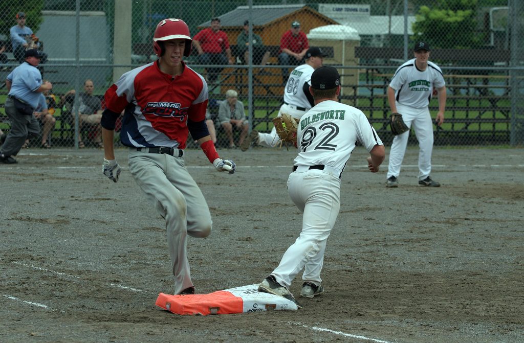 Eventual tournament MVP Belmore's Mac Mulvey was out on this play as Tavistock's Jack Holdsworth gets the force at first. Photo by Jake Davies﻿