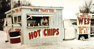 Wes' Chips co-owner André Post in the famous wagon in 1992. Courtesy Wes' Chips