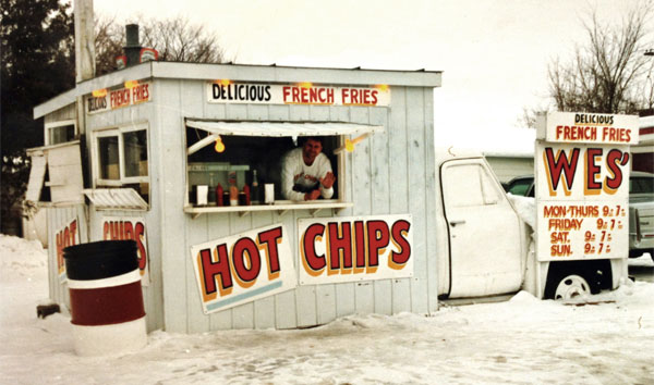 Wes' Chips co-owner André Post in the famous wagon in 1992. Courtesy Wes' Chips