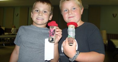 From left, Camden Moore, 7, and Emmet Belton, 6, show off their cowboy toilet roll at the Carp Fair Free Kids Craft Night last Wednesday. Photo by Jake Davies
