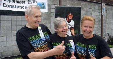 From left, organizers Bob Dupuis, Linda Cassidy and Mila Dolezalova celebrate a successful 2019 Terry Fox Run. Photo by Jake Davies