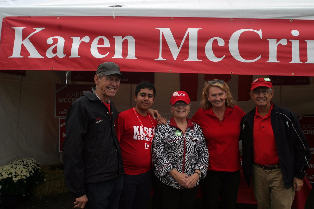 From left, volunteers Peter Ambroziak, Abdullah Al-Ogaidi, Joan Wong, Liberal candidate Karen McCrimmon and volunteer Jim Wong. Photo by Jake Davies