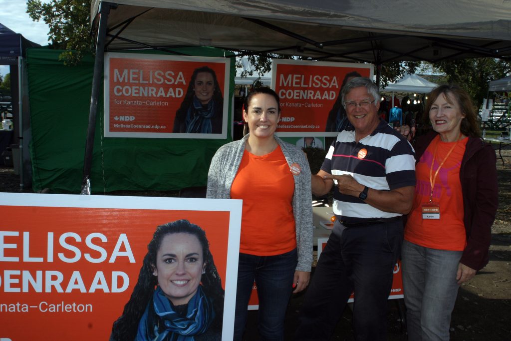 From left, NDP candidate Melissa Coenraad and volunteers Alex Cullen and Karen Runtz. Photo by Jake Davies