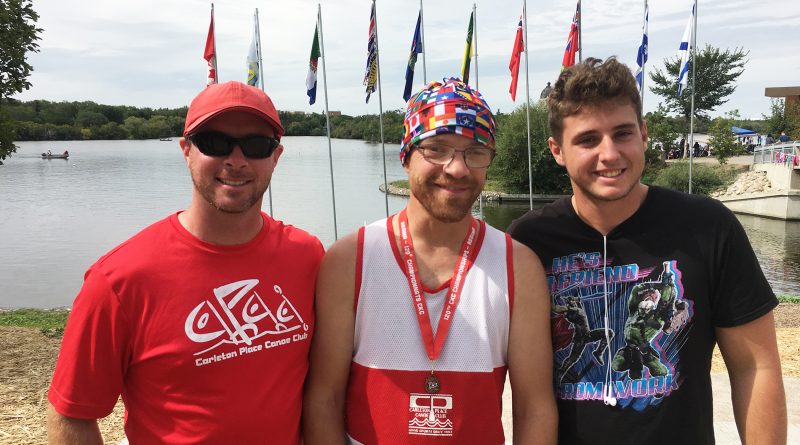 Darryl Clark came home with three medals from the recent canoe kayak national championships. In the photo, from left, are Carleton Place head coach Pat Lester, Darryl Clark and his K-2 partner Thomas Paquette Courtesy Gail Clarke.