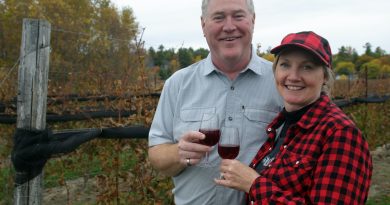 Shaun McEwan and Lorraine Mastersmith enjoy a glass of their own wine in their own vineyard as KIN's new owners work through their first harvest. Photo by Jake Davies
