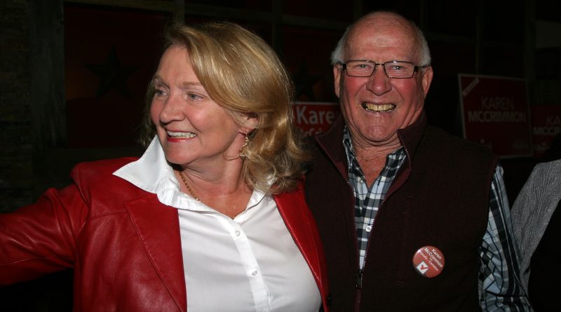 Liberal MP Karen McCrimmon celebrates her election victory with supporter Kinburn's Jack Shaw. Photo by Jake Davies