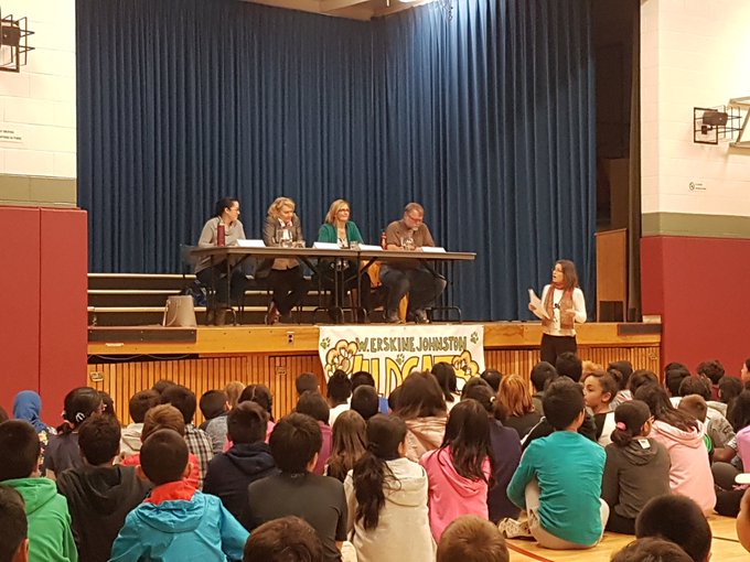 our of five Kanata-Carleton candidates attended an all-candidates meeting at W. Erskine Johnston Public School in Kanata this morning. Courtesy Amanada Salinas/Twitter