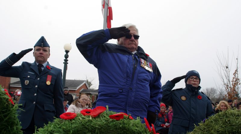 World War Two veteran, West Carleton's Dr. Roly Armitage salutes his fallen comrades after laying a wreath at the West Carleton War Memorial on Nov. 11. Photo by Jake Davies