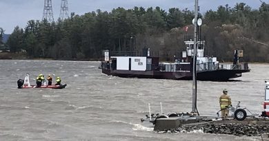 OFS water rescue crews provide safety oversight as the Quyon Ferry is secured. The ferry's cable snapped in this morning's high winds. Courtesy District 6 Chief Bill Bell/Twitter