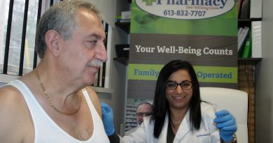 Pharmacist Tamara Awada gives Coun. Eli El-Chantiry his annual flu shot at the Constance Bay Pharmacy Thursday, Nov. 14. Photo by Jake Davies