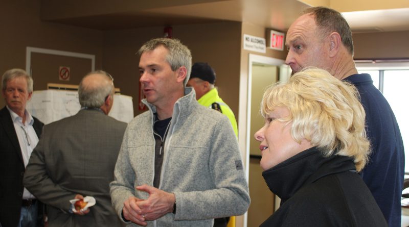 Michael Moore, Mayor of Whitewater Region (far left side in rear), Jonathan Wilker, Fire Chief for Whitewater Region, Hon. John Yakabuski, MPP, and MP Cheryl Gallant at the Westmeath Community Centre, the flood command centre for Whitewater Region during the Spring 2019 floods