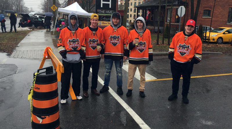 West Carleton Inferno players volunteered their time on Saturday (Dec. 14) helping deliver and set up barricades for the 11th annual Carp Christmas Parade. Pictured manning the barricade at Falldown Lane from left are Patrick Landrigan, Rob McCoy, Corbin Vennor, Jack McCoy and Owen Miotla (Inferno equipment manager). Special Thanks to Dunrobin local and Inferno defenceman Rob McCoy for organizing the effort. Courtesy the Inferno