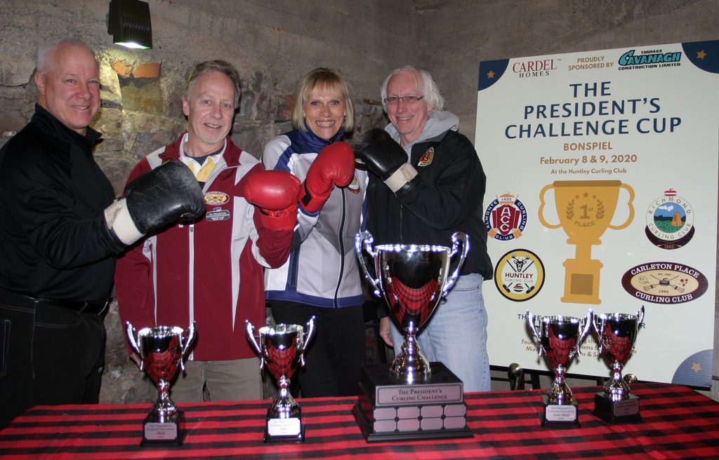 From left, Huntley Curling Club President Blake Sinclair, Carleton Place Director of Bonspiels and Events Jim Broughton, Richmond Curling Club President Nancy Samson-Booth and Almonte Curling Club President Steve Conlon. Photo by Jake Davies
