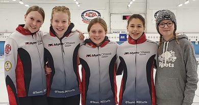 From left are Team LIKE members Erika Wainwright, Katrina Frlan, Lauren Norman, Isabella McLean and Samantha Wall posing for a photo after winning the Ladies Curling Association Bantam (U15) Bonspiel yesterday. Courtesy Team LIKE