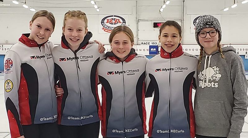 From left are Team LIKE members Erika Wainwright, Katrina Frlan, Lauren Norman, Isabella McLean and Samantha Wall posing for a photo after winning the Ladies Curling Association Bantam (U15) Bonspiel yesterday. Courtesy Team LIKE