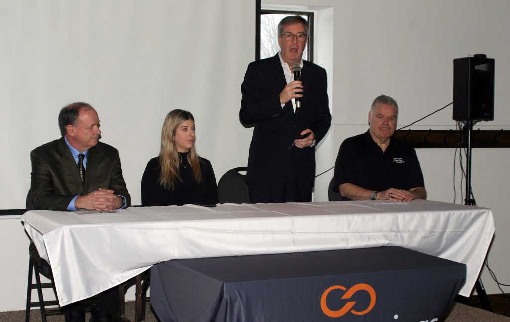 From left, Softball Canada CEO Hugh Mitchener, Alterna Savings manager of sponsorship and events Madelyn Becotte, Mayor Jim Watson and tournament committee chair Shawn Williams announce the national championship at a media event last February. Photo by Jake Davies