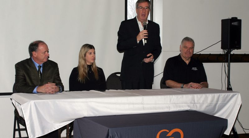 From left, Softball Canada CEO Hugh Mitchener, Alterna Savings manager of sponsorship and events Madelyn Becotte, Mayor Jim Watson and tournament committee chair Shawn Williams announce the national championship at a media event last February. Photo by Jake Davies