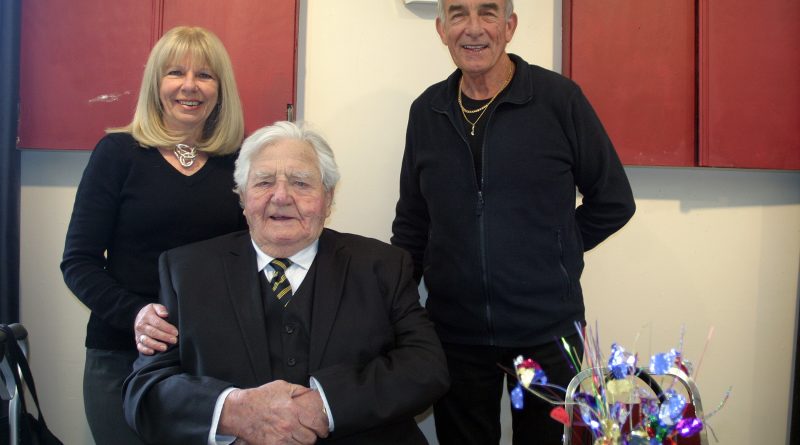 Dr. Roly Armitage poses with his daughter Ann and son Mick at his 95th birthday party at Branch 616 Sunday afternoon. Photo by Jake Davies