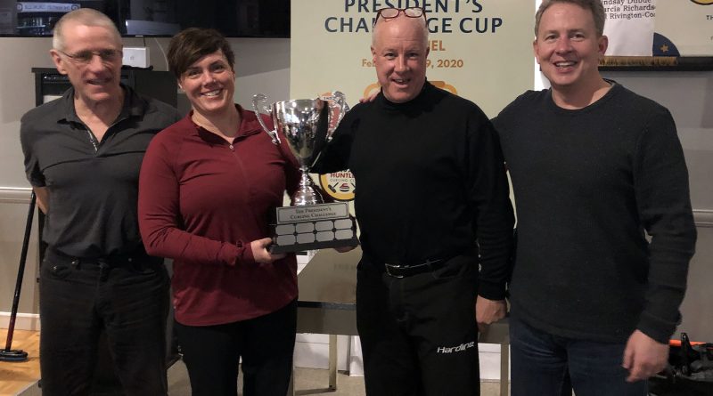 Huntley Curling Club team captain Jim Collings, alternate captain Ruth Dagenais, President Blake Sinclair and alternate captain Shawn Lynch pose with the President's Challenge Cup. Courtesy the HCC