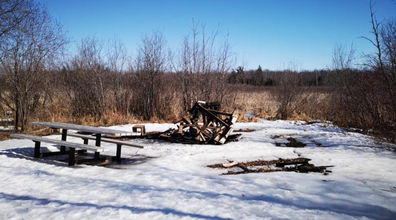 Vandals used Bill Mason Centre picnic tables to fuel an illegal bonfire on Thursday, March 19. Courtesy Joseph Lafreniére