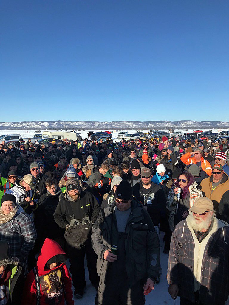 A huge crowd gathers for the wrap-up to Mike and Peter's 13th Annual Ice Fishing Tournament. Courtesy Mike Fines