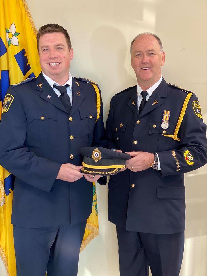 Travis Mellema, left, is Lanark County's new Chief of Paramedic Services, taking over from the retiring Ed McPherson, right. Courtesy the AGH