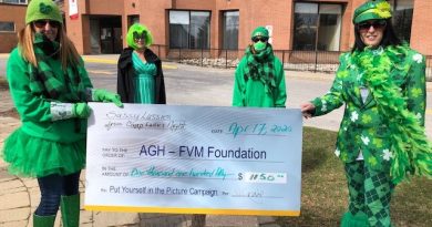 Pictured is Annie Craig holding the cheque with Joanne Buch, and keeping their distance Stephanie Lajeunesse with AGHF fundraising chair for Almonte General Hospital Fairview Manor Foundation, Julie Munro, all wearing their green. Courtesy AGHF