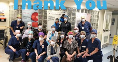 West Carleton nurse Tracey Zoobkoff and her colleagues in the Mother Baby Unit at the Queensway Carleton Hospital show off some of the scrub caps the community made for them. Courtesy Tracey Zoobkoff
