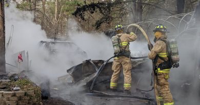 Fitzroy Harbour firefighters douse a garage fire on Carp Road Saturday morning. Courtesy Scott Stillborn/OFS