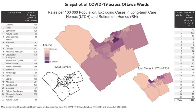 This map represents the residences of confirmed cases in the City of Ottawa as of July 20, not where the coronavirus was contracted. Courtesy OPH