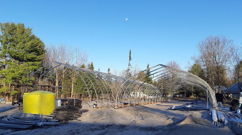 The Spinks family builds two greenhouses totalling 12,000 square feet on their Dunrobin property last April. Photo by Earl Spinks