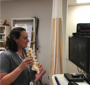Physiotherapist Sarah Martins demonstrates virtual visit. Courtesy ARH