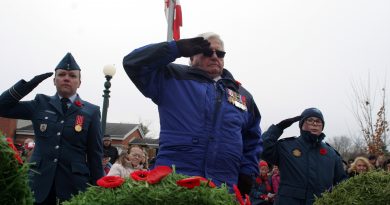 Organizers are moving this year's West Carleton War Memorial Remembrance Day Service online adapting to the pandemic. In the photo, World War Two veteran Dr. Roly Armitage salutes his fallen comrades. Photo by Jake Davies