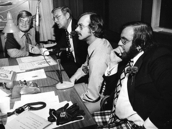 An archival photo from CFRA’s website shows Lowell Green at the mic with Terry Kielty, Joel Thompson and Ken Grant. Courtesy CFRA