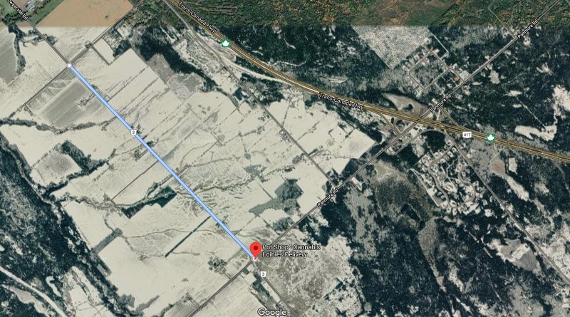 The stretch of Upper Dwyer Hill Road that will be closed for repairs is indicated by the blue line. Courtesy Google Maps