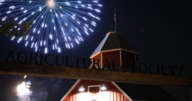 Fireworks explode above the Carp Fair exhibit hall.