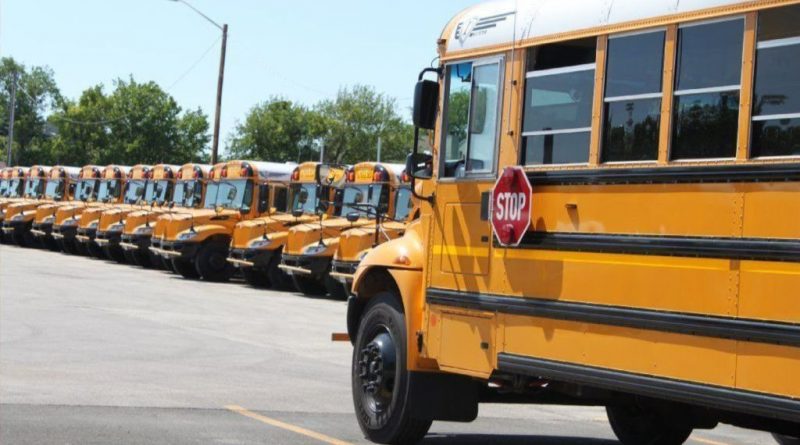 A photo of several school buses.