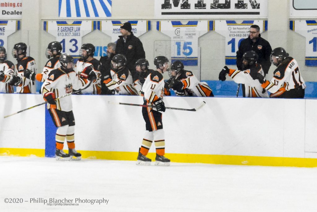 Inferno Ryan Nugent, on ice at left, celebrates his assist as part of an 8-5 win over the Morrisburg Lions on Jan. 26. Photo by Phillip Blancher