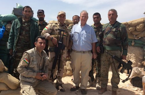 Matthew Fisher with Kurdish Peshmerga fighters battling Islamic State terrorists in Iraq in 2016.