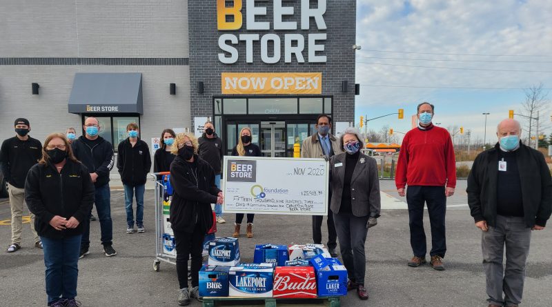 Pictured from left to right in the attached photo are: Presenting the cheque for $15,903.35 on behalf of The Beer Store in Carleton Place was Valerie McNeely, manager (holding the cheque) and eight members of The Beer Store team. Accepting the cheque on behalf of the Carleton Place & District Memorial Hospital Foundation were board members Joanna Luciano, vice-chair (holding the cheque), Esmail Merani, Ken Mylrea, treasurer, and Stephen Tunks.